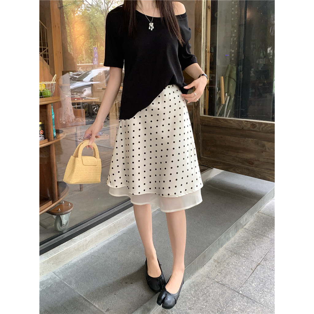SUXI Váy midi chữ A chấm bi mềm mại dành cho nữ mùa hè 260331