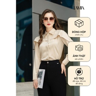 Áo sơ mi nữ Lamia Design LA325 màu be phối bèo xếp ngang đối xứng