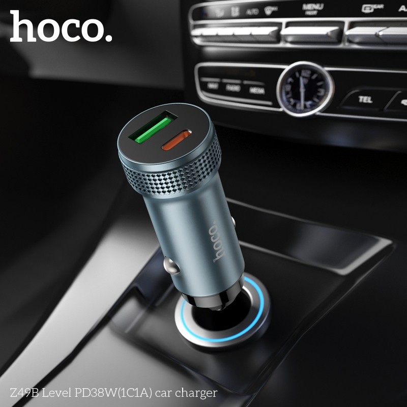 Tẩu sạc nhanh 38W Hoco Z49B dung cho ô tô, 2 cổng Type C + USB, PD20W + QC3.0, nhỏ gọn