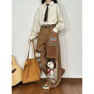Quần Jean Nữ Ống Rông Thêu Hình Hoạt Hình Snoopy Retro, Giặt Machine Friendly