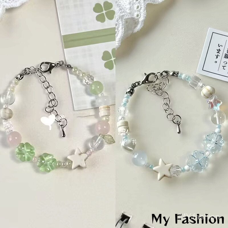 Vòng tay thủy tinh cỏ ba lá bốn lá - Có thể điều chỉnh size - Quà tặng đẹp cho bạn gái và bé gái