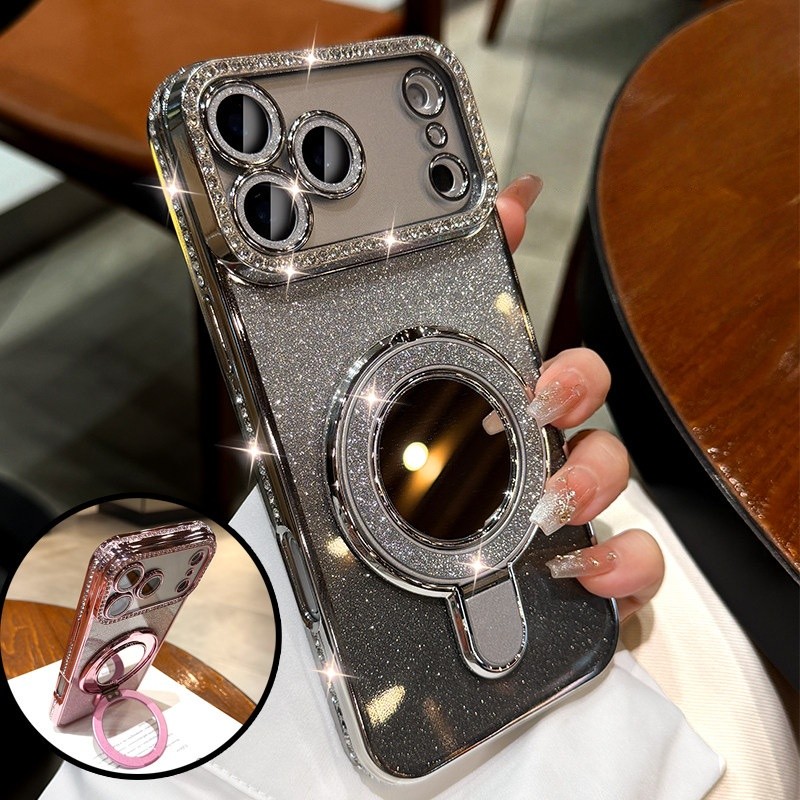 Flash Kim Cương Gương Đứng Ốp Lưng Điện Thoại iPhone 17 Pro Max 16 13 14 15 Pro Max Bao Gồm Bảo Vệ Ống Kính Máy Ảnh Vỏ Mềm Vỏ Điện Thoại Vỏ Bảo Vệ