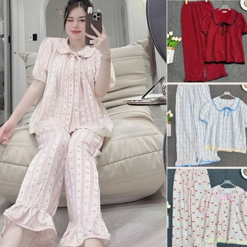 Set pijama nữ ESHOP Đồ Bộ Nữ Mặc Nhà Bigsize Vải Đũi Cotton Hàn Mềm Mịn  Mặc Ngủ Mặc Nhà Cực Mát MS483 Top Women