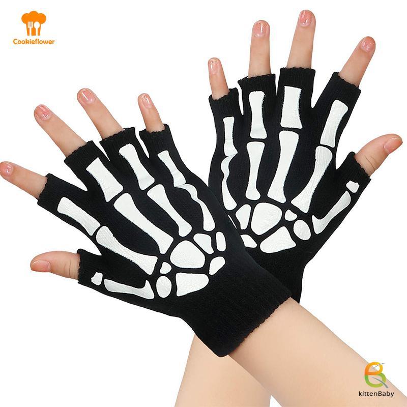 [Mèo con] Găng tay phong cách Halloween thời trang Dạ quang Kinh dị xương xương Skeleton Găng tay nửa mới lạ Unisex Găng tay ấm hơn mùa đông Găng tay mới