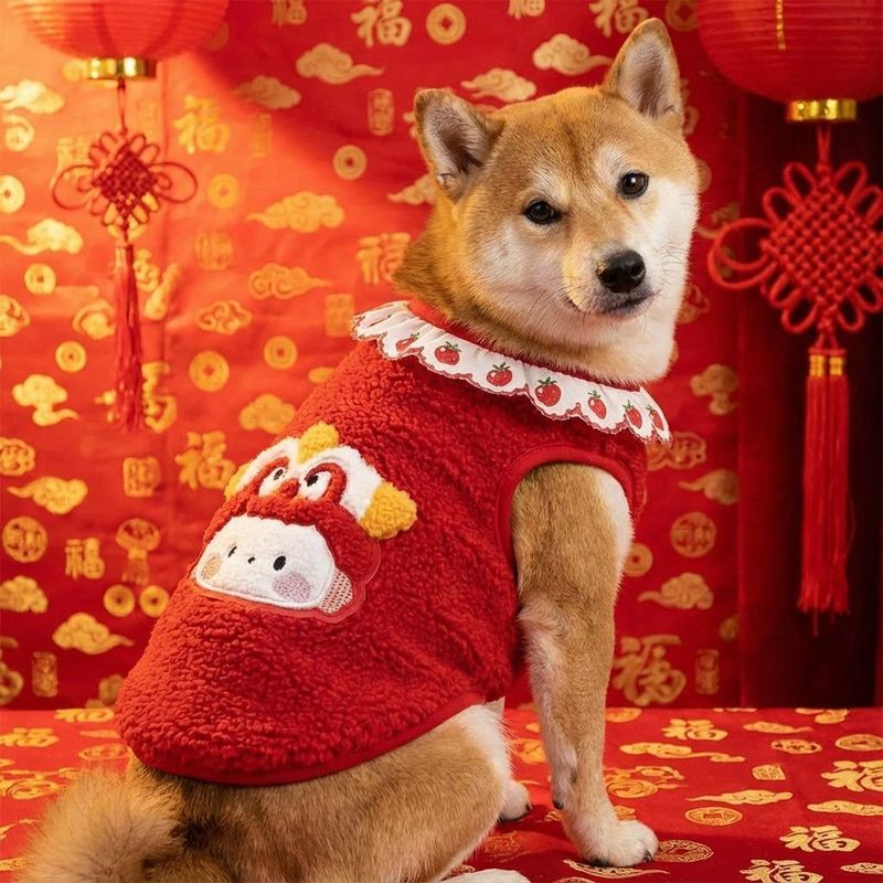 Đỏ Shiba Inu Schnauzer Corgi Chó Lớn Vừa Dễ Thương Thêu Áo Vest Năm Mới Lễ Hội Thú Cưng Lông Cừu Vest