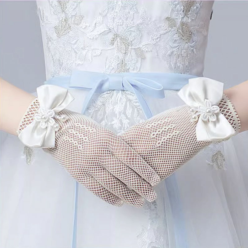 Găng Tay Trẻ Em Mùa Hè Mỏng Phong Cách Bé Gái Lưới Co Giãn Nơ Công Chúa Hiển Thị Hoa Cô Gái Cô Dâu Cưới Ngón Tay Trắng