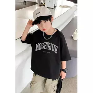tròn cổ, cotton in, tùy chỉnh chữ, phong cách Hàn, trẻ em áo, đa năng, ngắn tay