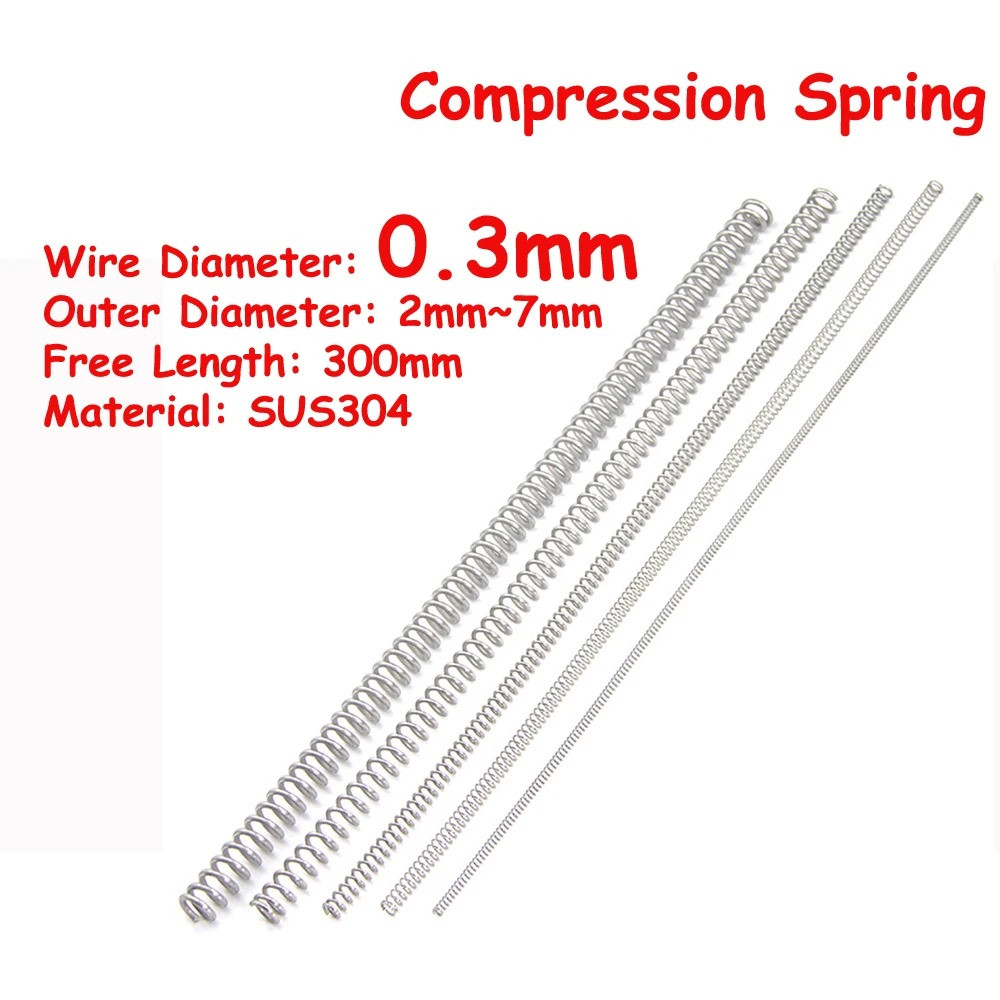 Yiqianyuan 2 Dây 0.3mm SUS304 Lò xo nén bằng thép không gỉ Chiều dài miễn phí 300mm OD 2mm ~ 7mm Lò xo áp suất siêu dài