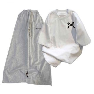 sét bộ đồ nữ Quần dài da cá xám đậm chữ kí + phối áo phông  màu trắng in chữ -thuba94