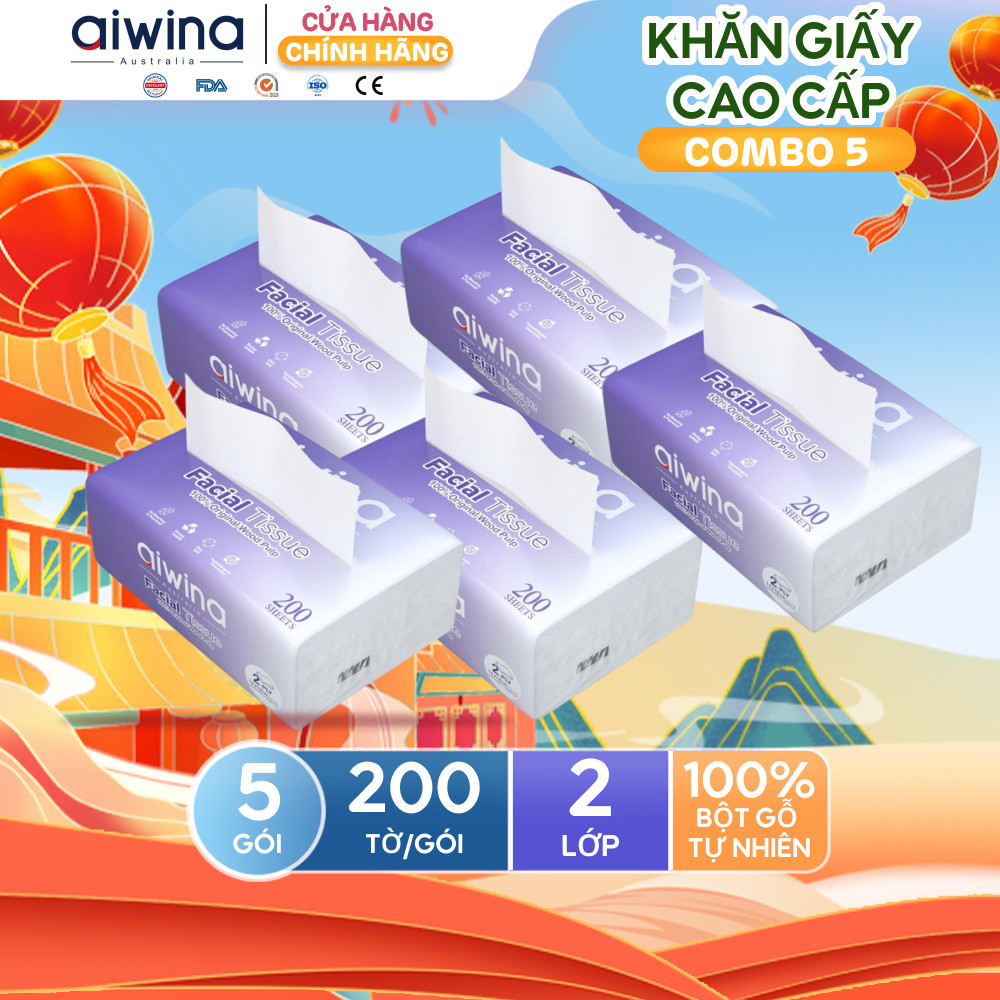 Combo 5 Gói Khăn Giấy Rút Aiwina Cao Cấp Từ Bột Gỗ Nguyên Sinh Siêu Mềm, Dịu Nhẹ Da Nhạy Cảm 200 Tờ