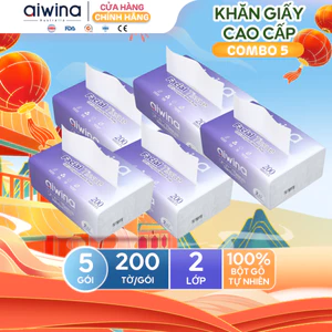 Combo 5 Gói Khăn Giấy Rút Aiwina Cao Cấp Từ Bột Gỗ Nguyên Sinh Siêu Mềm, Dịu Nhẹ Da Nhạy Cảm 200 Tờ