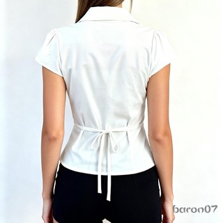 Áo sơ mi nữ nút xuống màu trơn, thiết kế slim fit, cổ chữ V