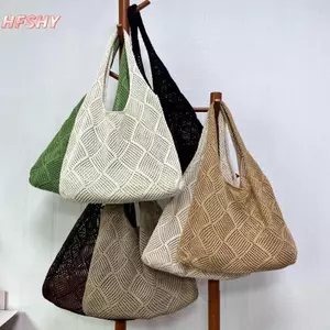 HFSHY Vintage Rỗng Dệt Kim Túi Dệt Túi Nữ Móc Túi Xách Màu Trơn Rỗng Tay Cầm Trên Túi Tote Du Lịch Túi Đeo Vai VN
