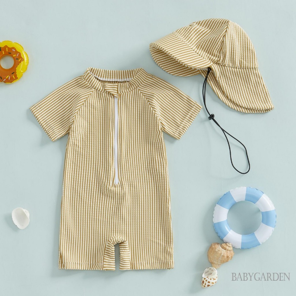 Tập Đi Bé Trai Sọc Đồ Bơi Tay Ngắn Nửa Dây Kéo Chống Đập Rash Guard Đồ Bơi Sunhat Bộ
