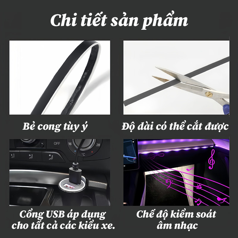 Dây đèn LED RGB nội thất ô tô acrylic, cắm USB là chạy, điều khiển App + remote, trang trí xe hơi
