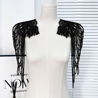 Dây xích tua rua đen đính kim sa lấp lánh, thêu vàng - Phụ kiện vai cho váy cưới và thời trang