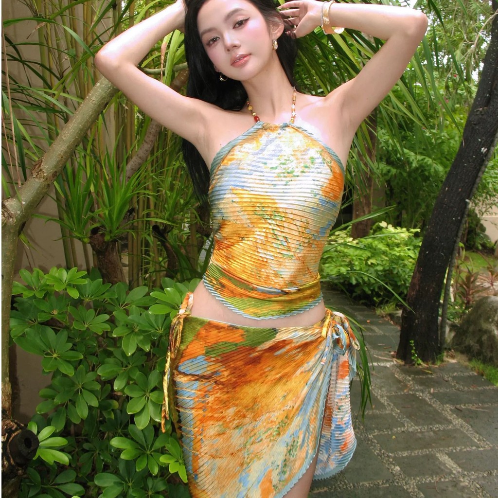 Bộ đồ bơi ba mảnh sọc xếp li in hình Bikini dành cho nữ
