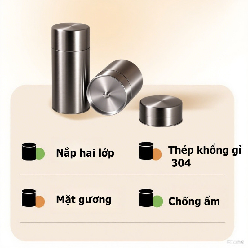 Hộp Inox Đựng Trà 304-Thiết Kế 2 Lớp Chống Ẩm, Dùng Đựng Matcha, Cà Phê.Tiện Lợi Mang Theo Du Lịch