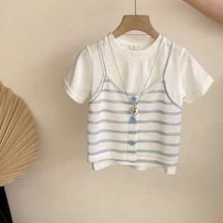 Bộ đồ bé gái áo thun sọc + quần jean ống rộng – Set đồ mùa hè phong cách Hàn Quốc cho bé
