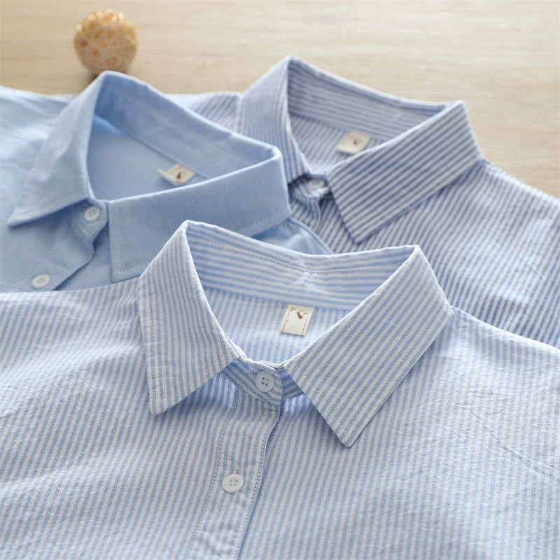 [Hàng có sẵn] Áo sơ mi nữ cotton sọc dọc tươi sáng, phù hợp cho hàng ngày và công sở