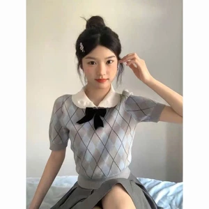 Áo len dệt kim cổ polo phối nơ họa tiết kẻ caro phong cách tiểu thư XIMIMI SP434