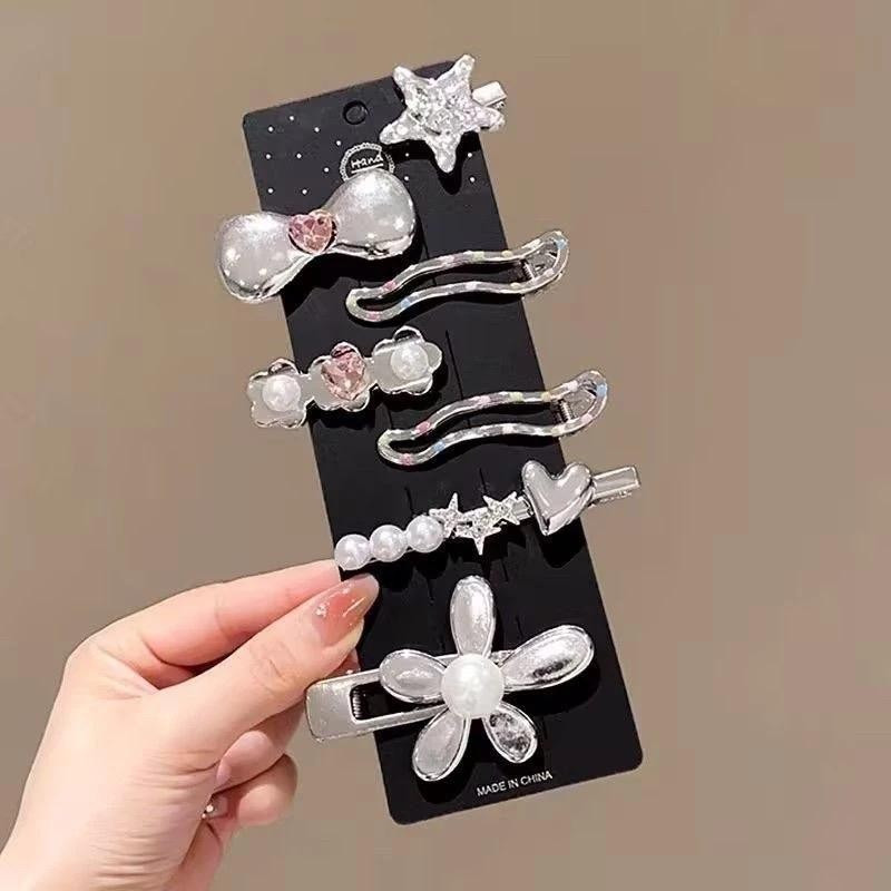 Sét 7 kẹp nơ hoa kim loại hồng bạc đáng yêu dễ thương cá tính cho bạn gái mẫu mới