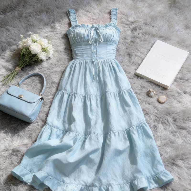 Bạc Hà Sữa Xanh Sling Dress Mùa Hè, Phong Cách Pháp Nhẹ Nhàng với eo nẹp và dáng chữ A dài