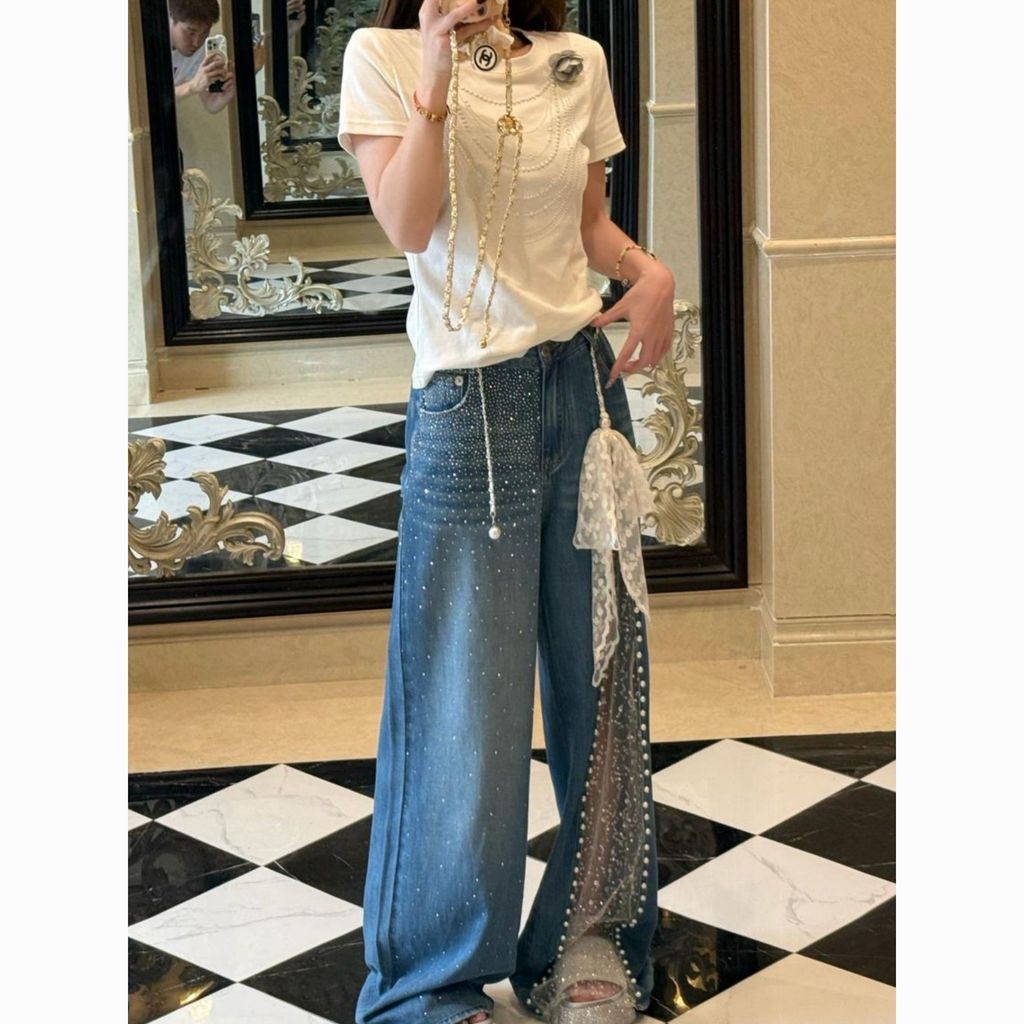 Quần Jean Lưới Phối Ren, Dáng Ống Rộng Full Length, Kiểu Draping, Cạp Cao - Mới Xu Hướng Mùa Xuân Hè