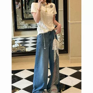 Quần Jean Lưới Phối Ren, Dáng Ống Rộng Full Length, Kiểu Draping, Cạp Cao - Mới Xu Hướng Mùa Xuân Hè