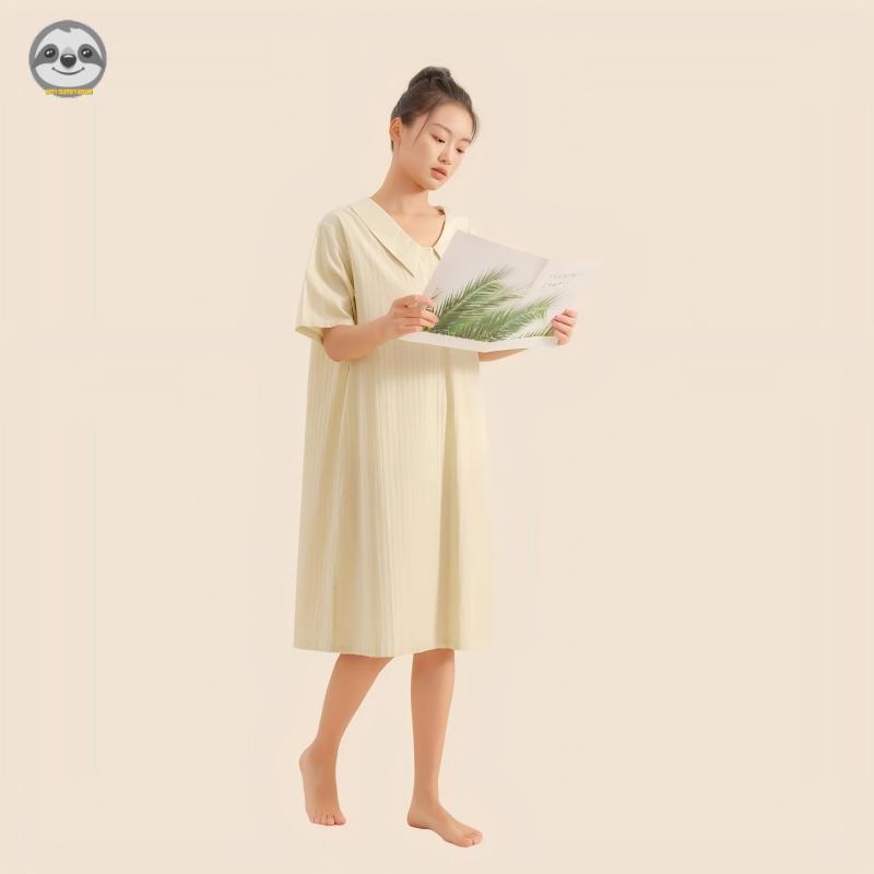Phong cách Nhật Bản Muji Style / Váy ngủ rộng tay ngắn Cotton nguyên chất mùa hè dành cho nữ / Váy cổ chữ V mát mẻ mùa hè / Có thể mặc bên ngoài Váy một mảnh mềm mại thoải mái