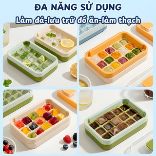 Khay Làm Đá Viên Silicon Lấy Đá Dễ Dàng, Khuôn Làm Thạch Hoa Quả Có Nắp Đậy Ngăn Mùi Tủ Lạnh