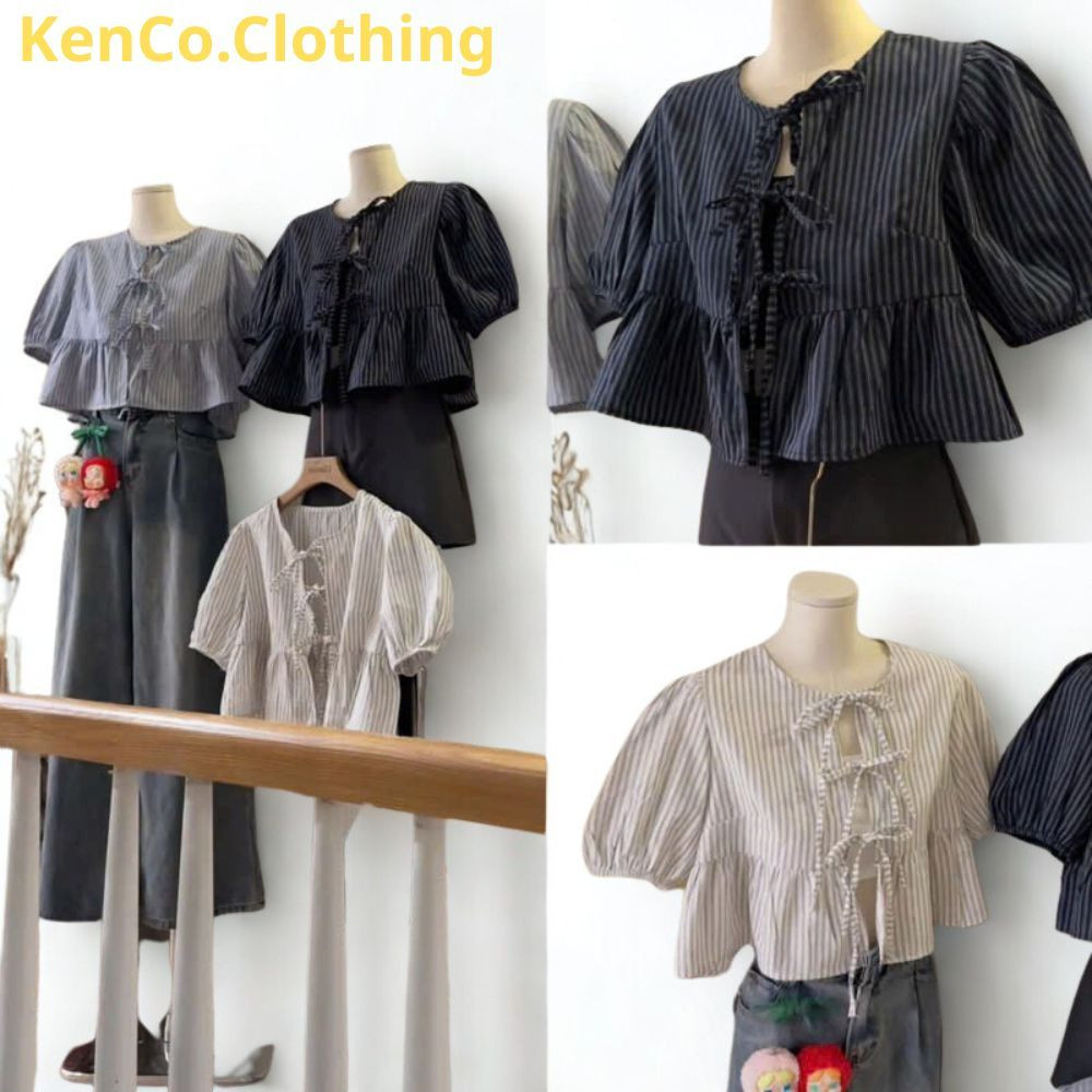 (Tặng kèm áo quây)Áo babydoll kẻ buộc nơ Nana Nana21 A6739 Sài Gòn M6739