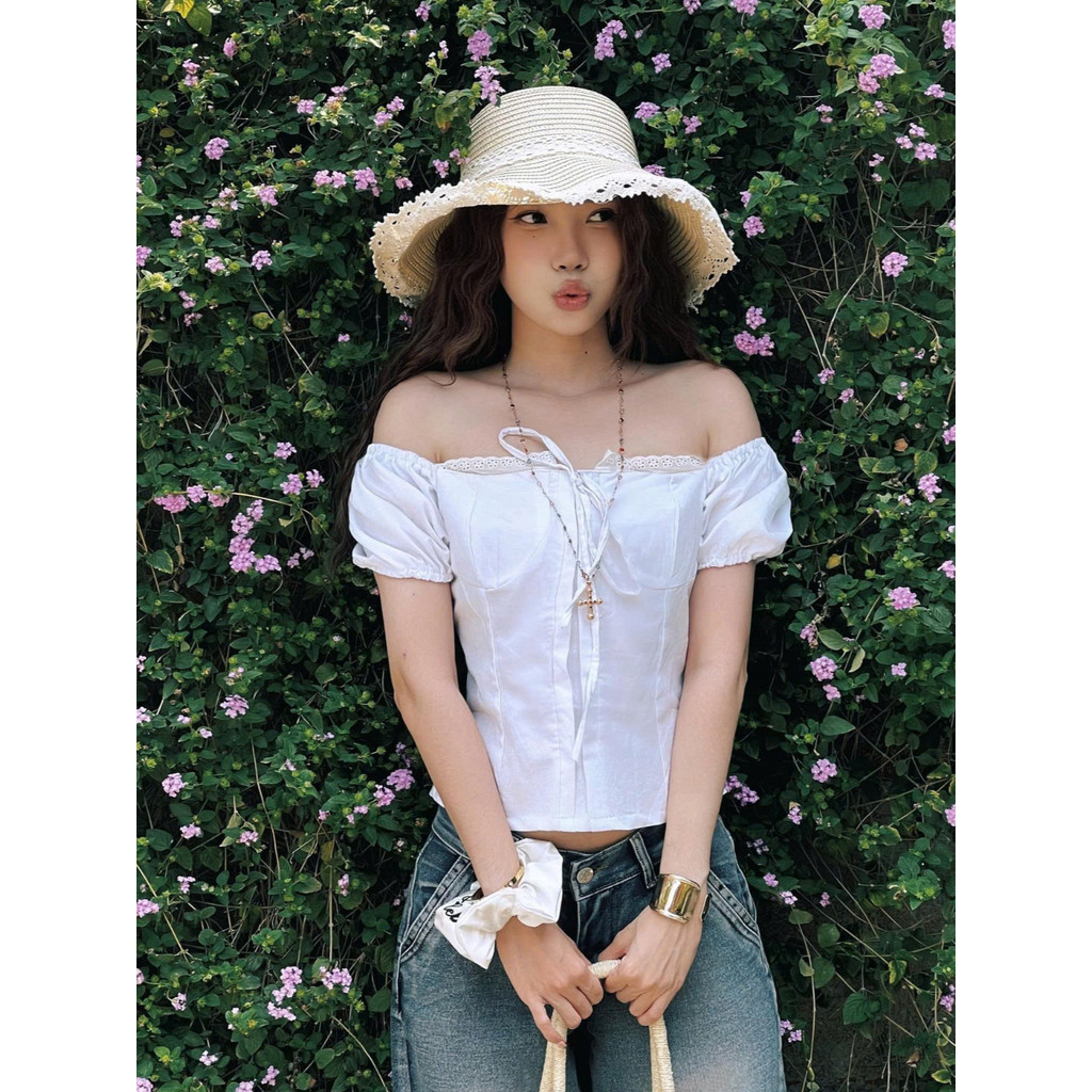 Áo babydoll nữ kiểu Linen rabtit tay phồng nơ ngực công chúa phong cách Kimee Ma55380