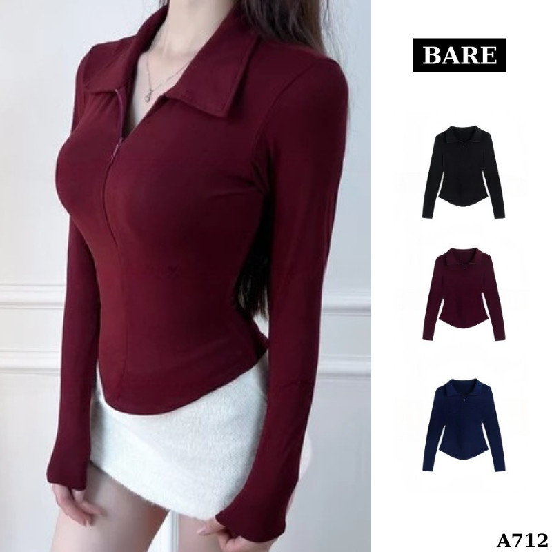 [Mở Bán] Áo Thun Nữ Tay Dài Ôm Body Cổ Bẻ Phối Khoá Kéo Dáng Vạt Bầu Cotton_A71244