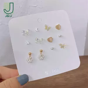 6 Cặp / bộ Đơn Giản Ngọc Trai Mặt Trăng Nơ Bướm Bông Tai Trái Tim Ngôi Sao Bông Tai Nữ Phụ Kiện Trang Sức