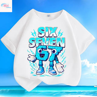 Áo thun cổ tròn thể thao thoải mái, thoáng khí, in hình hoạt hình trò chơi "67" dành cho bé trai.