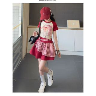 Set đồ cho bé gái áo thun tay ngắn - chân váy caro phong cách Hàn Quốc dễ thương
