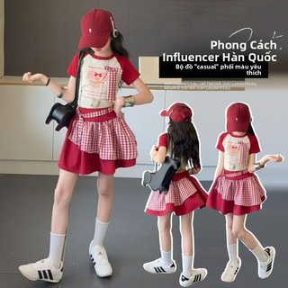 Set đồ cho bé gái áo thun tay ngắn - chân váy caro phong cách Hàn Quốc dễ thương