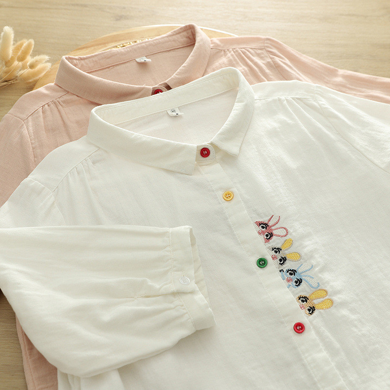 [Sẵn Sàng] Áo Sơ Mi Nữ Sợi Cotton Cao Cấp Mùa Hè Placket Thêu Hình Thỏ Tay Ngắn