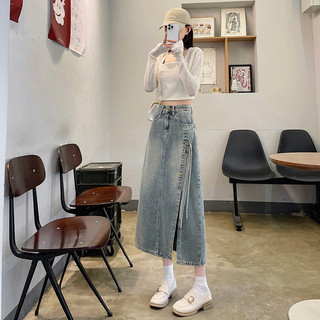 Váy midi denim phong cách Trung Quốc mới cho nữ, mùa xuân, eo cao, dài vừa phải, váy xẻ A-line