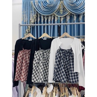 Set áo 2 dây kẻ kèm áo cardigan dài tay phong cách Hàn Quốc, Set Áo Kẻ Siêu Xinh