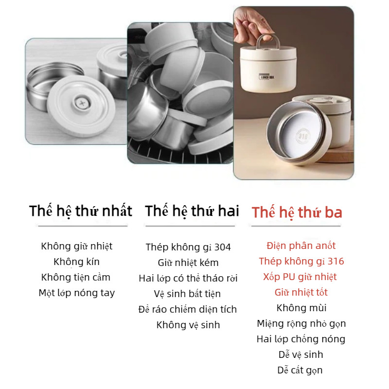 Hộp cơm giữ nhiệt inox 316 cao cấp kèm túi – chống rò rỉ,  cách nhiệt tốt, văn phòng/trường học