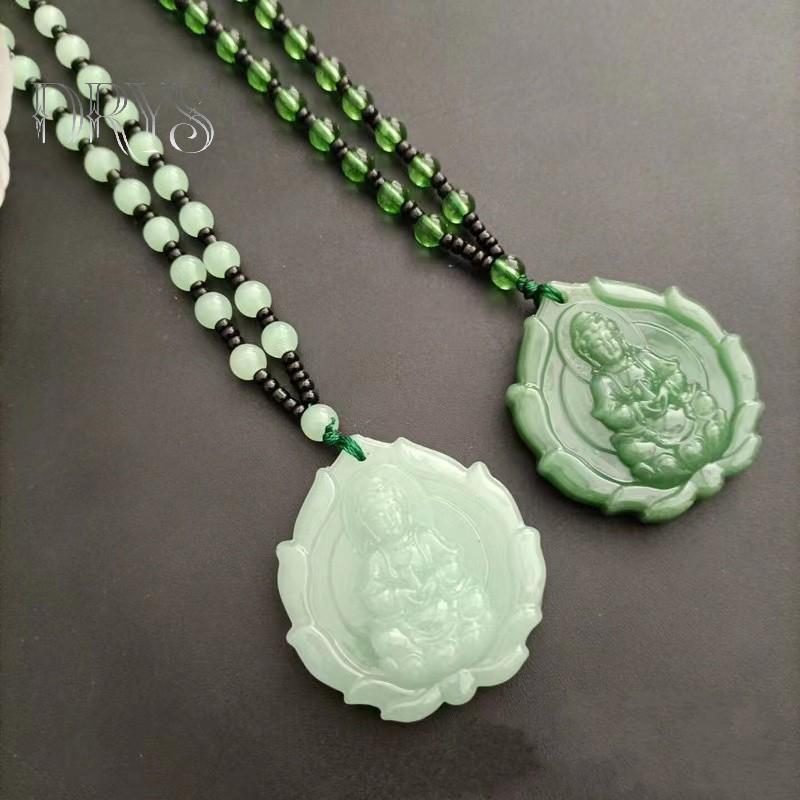 Dây chuyền ngọc xanh khắc hình Guanyin, trang sức phong thủy Phật giáo mới dành cho cả nam và nữ