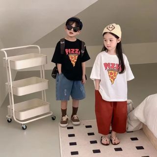 Áo thun cotton cho bé trai bé gái in chữ Pizza - áo tay ngắn form rộng phong cách Hàn Quốc mùa hè