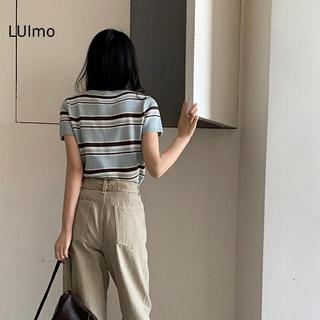 LUImo Hàn Quốc - Áo sơ mi retro sọc cổ tròn tay ngắn nữ SBS