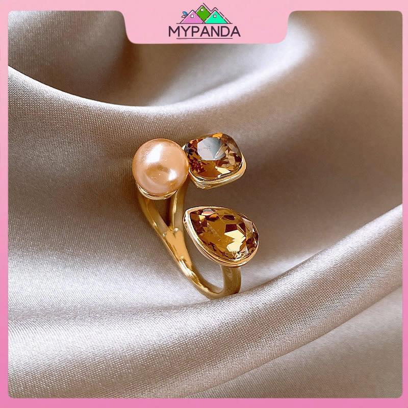 MYPANDA Nhẫn hình học pha lê champagne ngọc trai kim loại, tinh tế cho dự tiệc