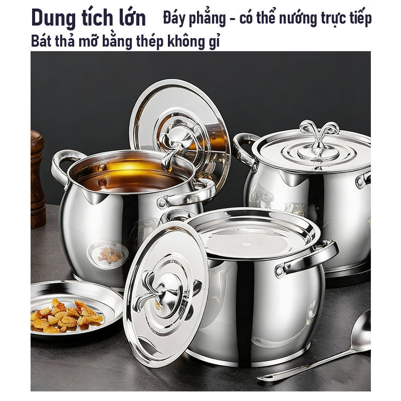 Âu/Hũ Inox 304 Không Gỉ Có Nắp Và Tay Cầm, Dung Tích Lớn 1.5L/2.5L Lít, Đựng Và Tích Trữ Dầu Mỡ Thức Ăn Trong Bếp