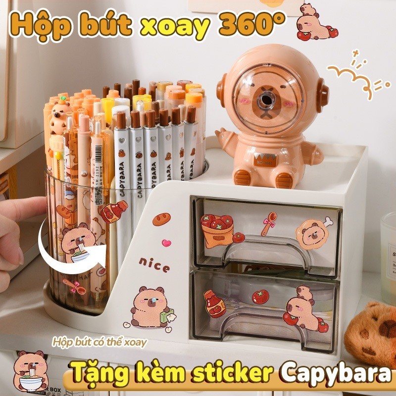 Hộp đựng bút để bàn Capybara ngộ nghĩnh, nhiều ngăn, xoay 360° - Kệ đựng mỹ phẩm decor bàn lý tưởng