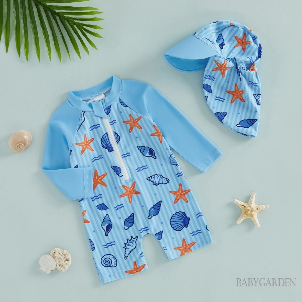 Trẻ mới biết đi Đồ bơi bé trai cổ tròn dài tay in hình tôm hùm trên dây kéo Rash Guard Đồ bơi và mũ chống nắng