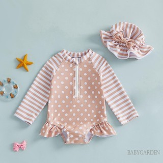 6M-4Y Tập Đi Bé Gái Rash Guard Đồ Bơi Dễ Thương Thời Trang Tay Dài Sọc Chấm Áo liền quần Có Mũ 2 Chiếc Đồ Bơi